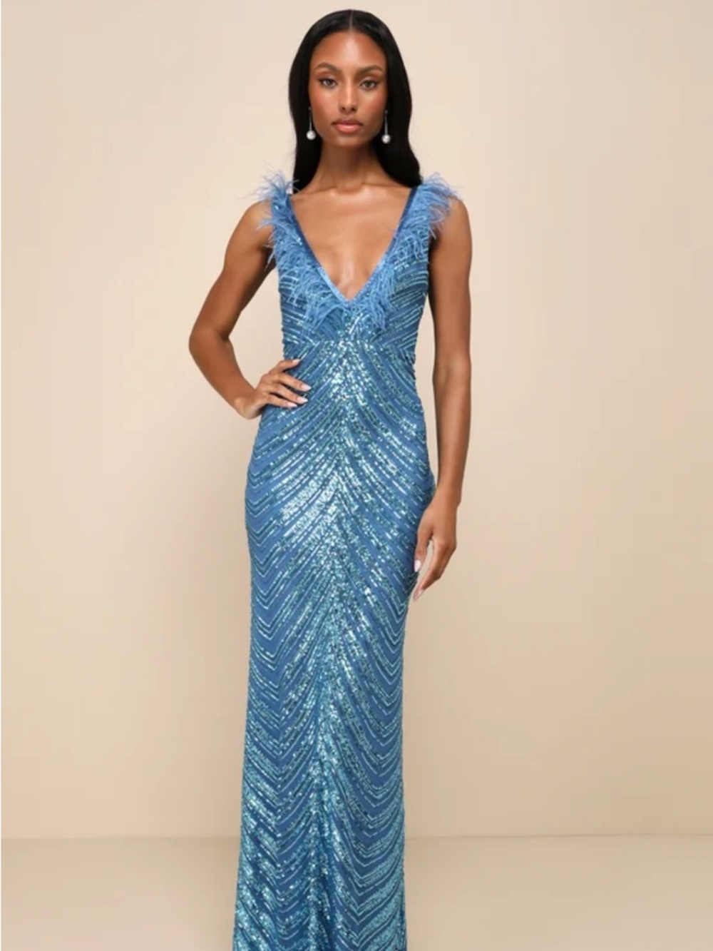 Lulu's Sky-Blue Sequined V-Neck Gown with Feather Trim